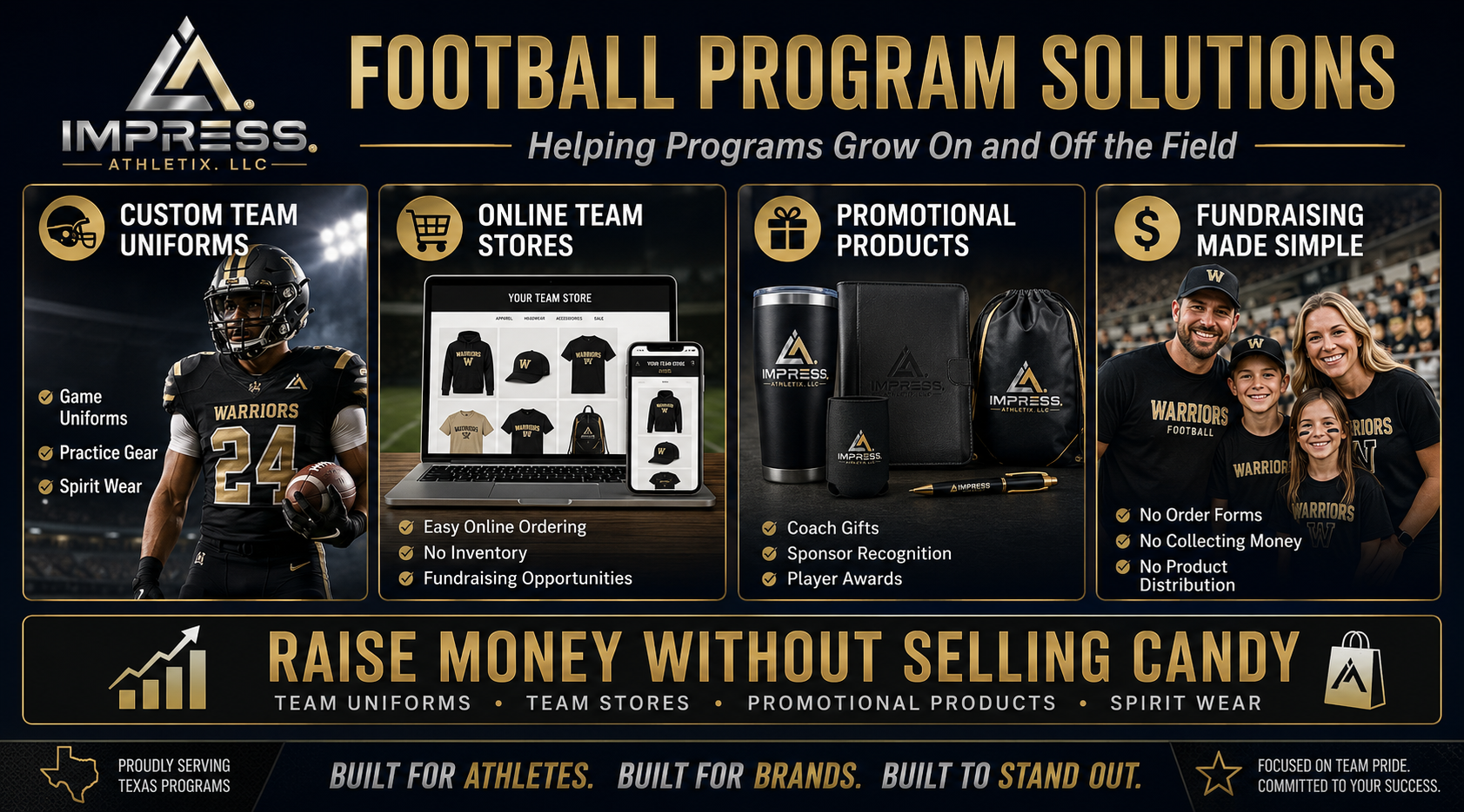 Football Program Solutions | Team Uniforms, Team Stores, Fundraising & Promotional Products | Impress Athletix Impress Athletix Football Program Solutions infographic featuring custom team uniforms, online team stores, promotional products, and fundraising solutions for football programs. Highlights spirit wear, coach gifts, sponsor recognition, player awards, and fundraising without selling candy.